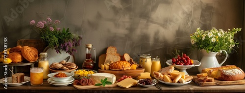 a table with an array of breakfast items on it, in the style of impressionistic treatment of light, made of cheese, wimmelbilder, romantic scenery