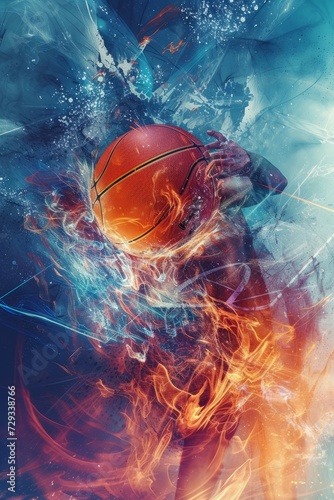 Create a visually striking abstract sports composition with fluid and interconnected elements