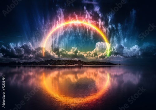 "Arcadian Spectrum: Rainbow Reflecting on a Lake"