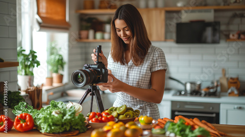 Female food blogger records a video on healthy nutrition in her kitchen