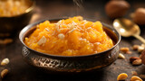 Delicious Saffron Suji Halwa in a metal bowl, garnished with nuts