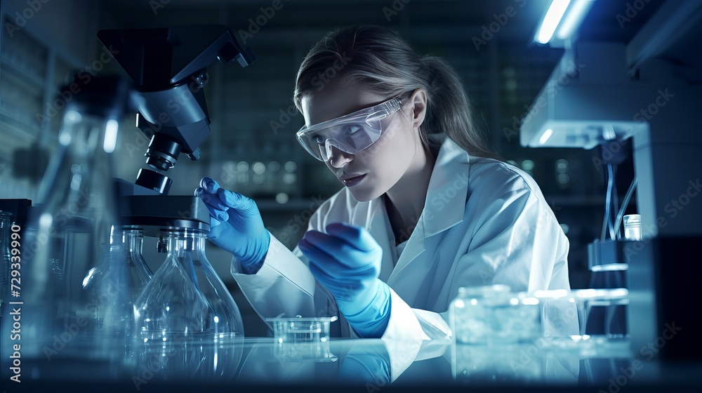 Medical Research Laboratory: Portrait of a Beautiful Female Scientist in Goggles Using Micro Pipette for Test Analysis. Advanced Scientific Lab for Medicine, Biotechnology, Microbiology Medical Research Laboratory: Portrait of a Beautiful Female Scientist in Goggles Using Micro Pipette for Test Analysis. Advanced Scientific Lab for Medicine, Biotechnology, Microbiology