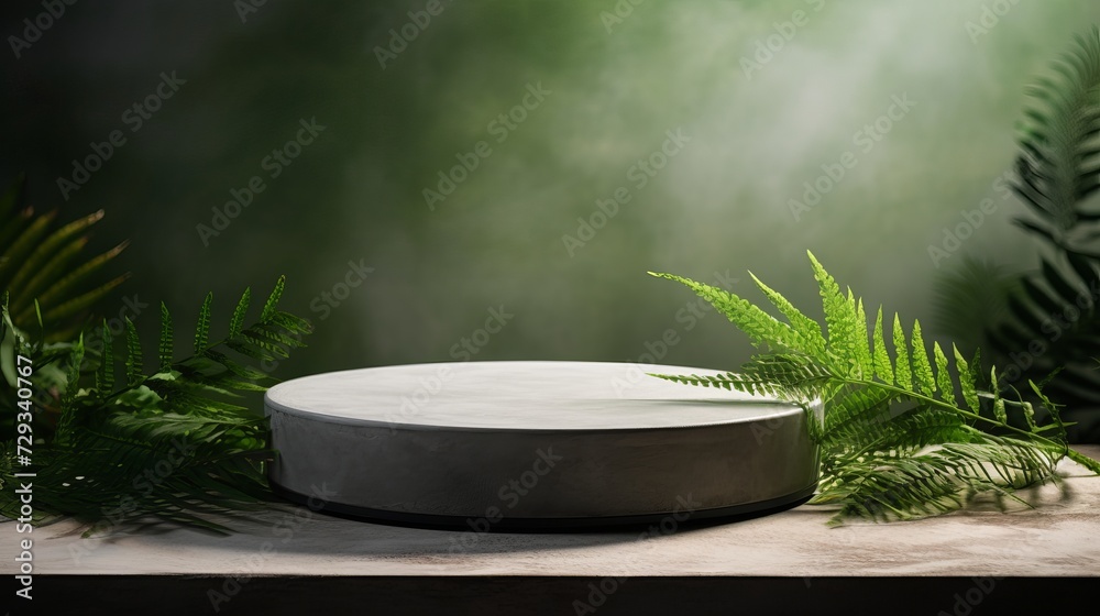 Natural stone and concrete podium in Natural green background for Empty show for packaging product presentation. Background for cosmetic products, the scene with green leaves. Mock up the