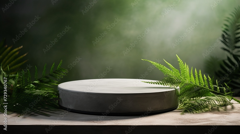 Natural stone and concrete podium in Natural green background for Empty show for packaging product presentation. Background for cosmetic products, the scene with green leaves. Mock up the Natural stone and concrete podium in Natural green background for Empty show for packaging product presentation. Background for cosmetic products, the scene with green leaves. Mock up the