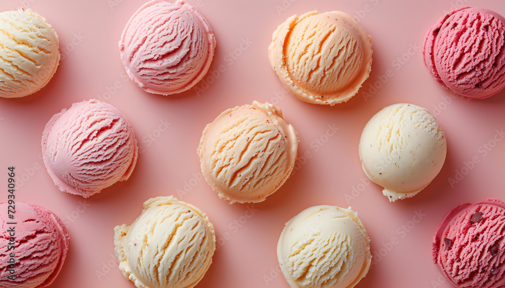 Delicious scoops of ice cream in pastel colors pattern sweet concept on a pink background. Delicious scoops of ice cream in pastel colors pattern sweet concept on a pink background.