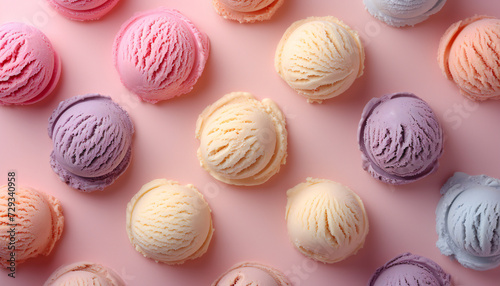 Delicious scoops of ice cream in pastel colors pattern sweet concept on a pink background.