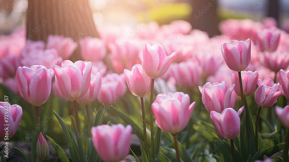 Pink tulips in the ground in a garden at springtime