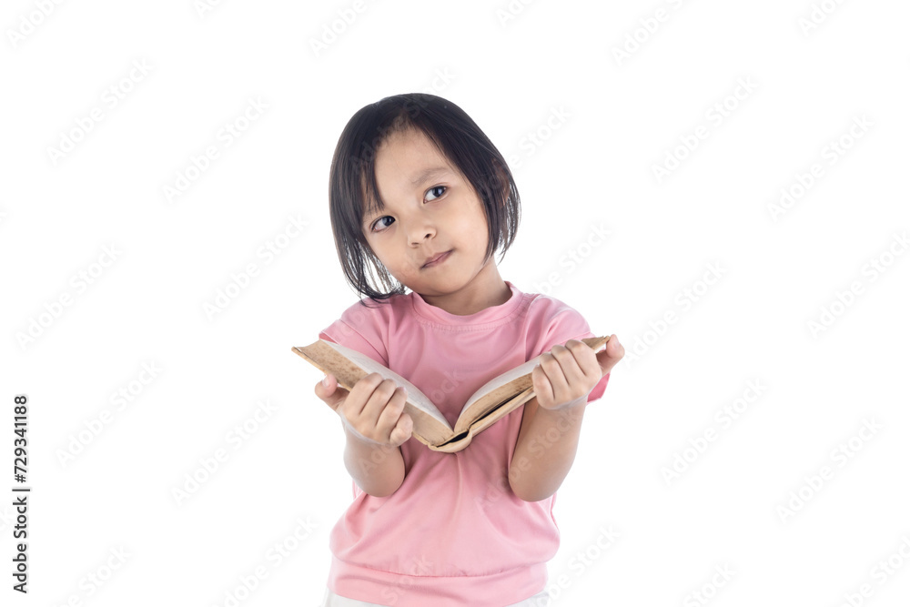 Asian little girl reading a book isolated on white background.