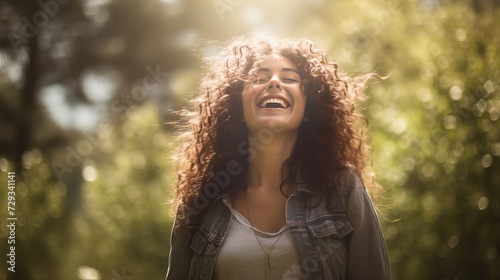 Overjoyed happy woman enjoying the green beautiful nature woods forest around her - concept of female people and healthy natural lifestyle - happiness emotion and adult lady opening arms