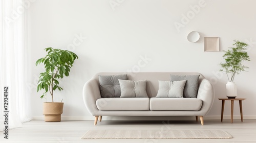 Panorama of armchair and grey sofa in natural living room interior with flowers. Real photo