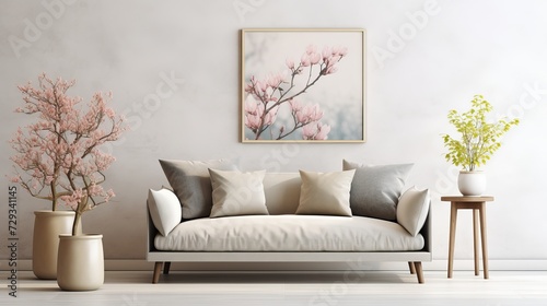Panorama of armchair and grey sofa in natural living room interior with flowers. Real photo © Tahir