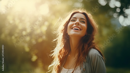 Overjoyed happy woman enjoying the green beautiful nature woods forest around her - concept of female people and healthy natural lifestyle - happiness emotion and adult lady opening arms