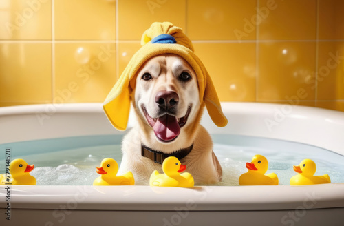Labrador wrapped in a towel sits in a white bathtub with flying soap bubbles and ducks. Dog taking a bath, spa salon, pet grooming, pet grooming, dog therapy products, veterinary clinic © LivaLife