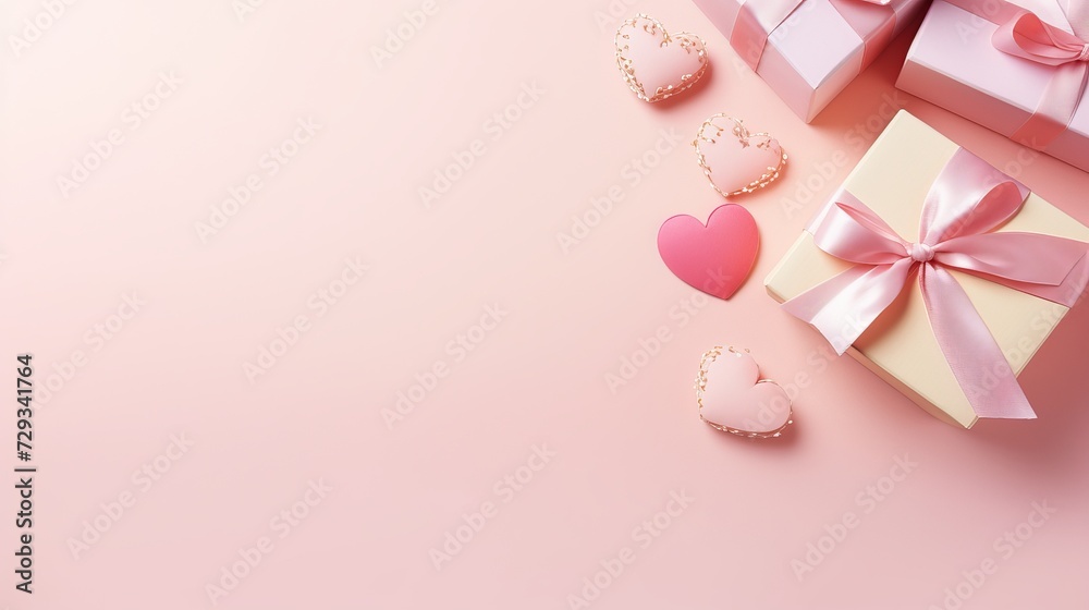Valentine's Day flat lay composition with gift boxes and hearts on pastel pink background. Flat lay, top view, copy space