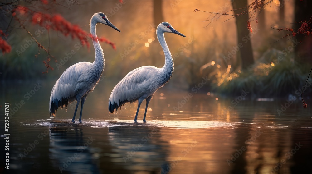 Fototapeta premium Two foraging Cranes, Grus grus, in natural habitat of a semi-open wet stream valley landscape with swamp vegetation and scattered shrubs and trees against a hazy tree background