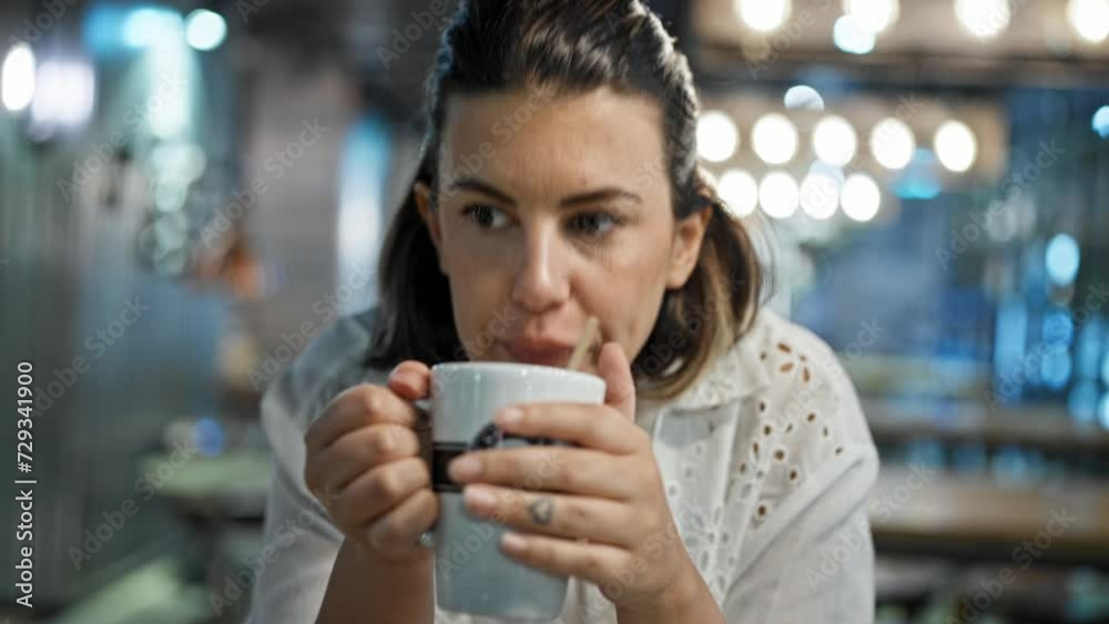 Beautiful young hispanic woman drinking coffee sitting at cafeteria Beautiful young hispanic woman drinking coffee sitting at cafeteria