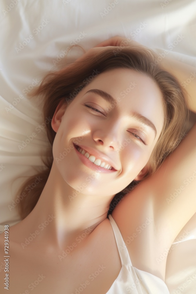 Caucasian woman reclines luxuriously on a plush, white bed and pillow. Behold the tranquil joy in her smile as her eyes emanate serenity. Caucasian woman reclines luxuriously on a plush, white bed and pillow. Behold the tranquil joy in her smile as her eyes emanate serenity.