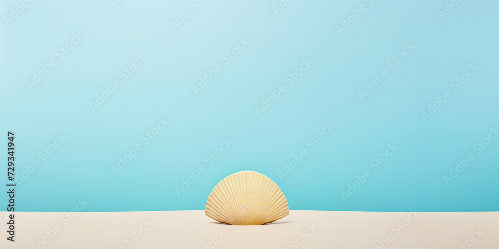 Minimalistic design featuring a single seashell against a soft blue backdrop.