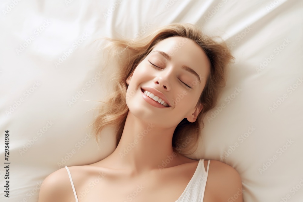Caucasian woman reclines luxuriously on a plush, white bed and pillow. Behold the tranquil joy in her smile as her eyes emanate serenity. Caucasian woman reclines luxuriously on a plush, white bed and pillow. Behold the tranquil joy in her smile as her eyes emanate serenity.