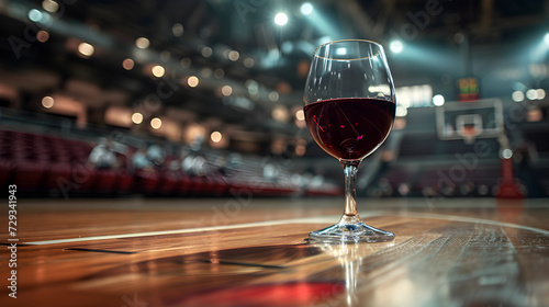 Cinematic wide angle photograph of red wine glasse ar a basketball court. Product photography.
