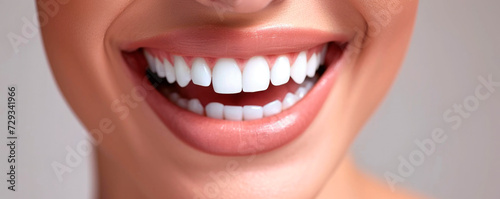 Beautiful female smile after teeth whitening procedure. Dental care. Dentistry concept.