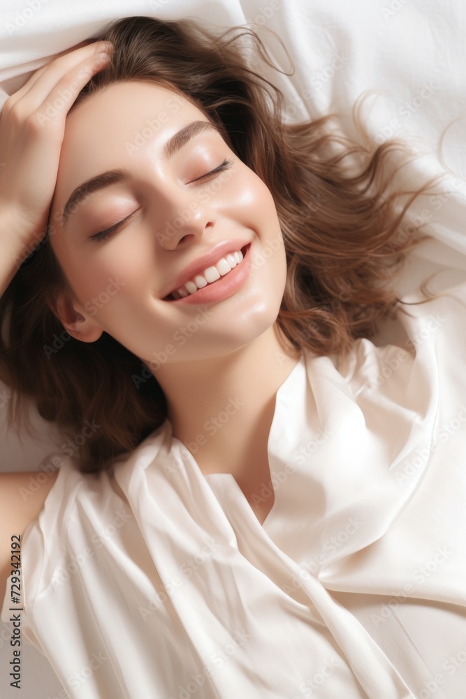 Caucasian woman reclines luxuriously on a plush, white bed and pillow. Behold the tranquil joy in her smile as her eyes emanate serenity. Caucasian woman reclines luxuriously on a plush, white bed and pillow. Behold the tranquil joy in her smile as her eyes emanate serenity.