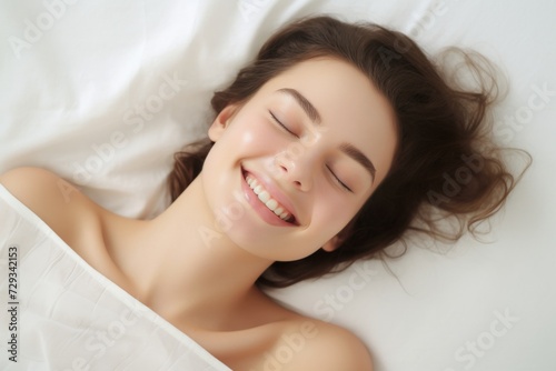 Caucasian woman reclines luxuriously on a plush, white bed and pillow. Behold the tranquil joy in her smile as her eyes emanate serenity.