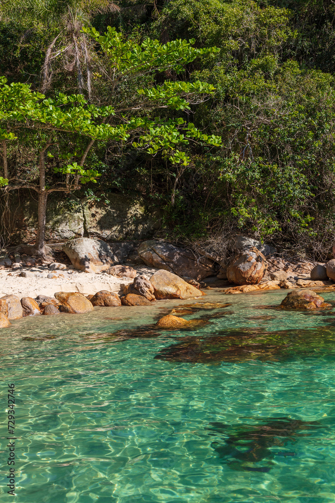 Naklejka premium Praia dos Meros, one of the most beautiful beaches in Brazil, during a beautiful day of sunshine and clear waters. Ilha Grande, Angra dos Reis, Rio de Janeiro, Brazil.
