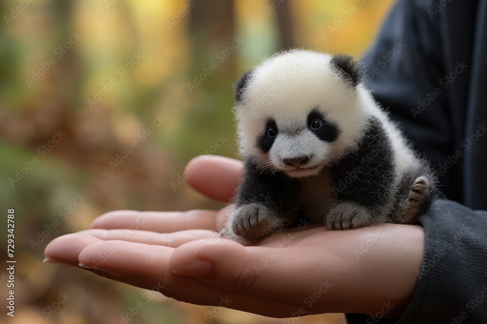 Obraz premium Close-up photograph of a tiny hand holding a plush panda bear, set against a soft-focus bamboo forest backdrop