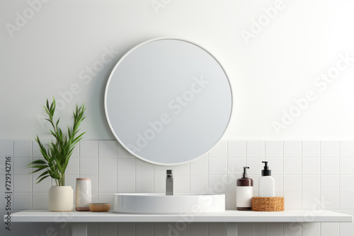  An efficiently organized  minimalist bathroom with white tiles  a frameless mirror  and minimal toiletries
