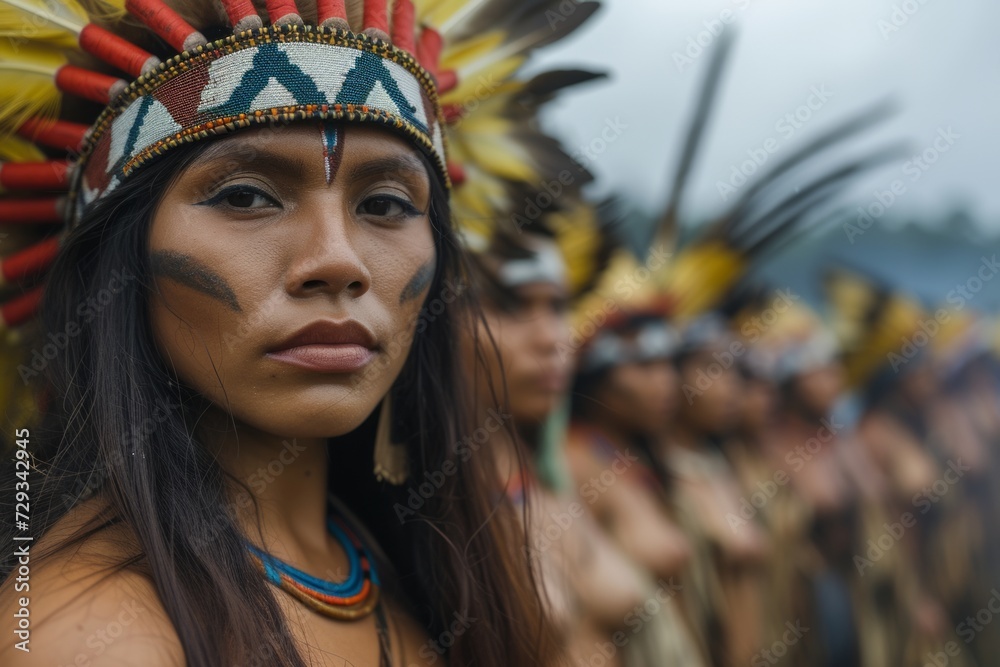 Indigenous woman adorned with traditional face paint and a colorful headdress, standing proudly in a row with her community during a cultural ceremony