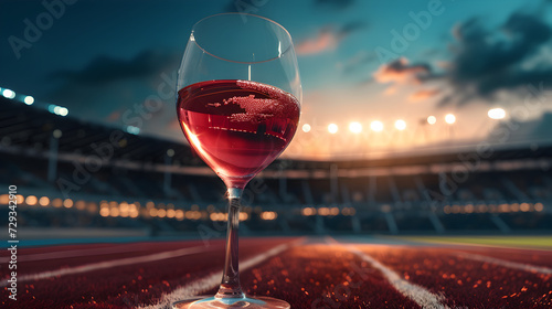 Cinematic wide angle photograph of red wine glasse at an olympic pool venue. Product photography.