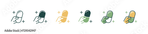 hand holding a medicine pill icon set medical capsule prescription health care vector illustration