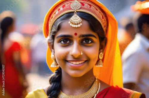 Portrait of beautiful Indian girl, young hindu. Navratri or Gudi Padwa.