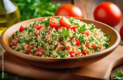 Tabbouleh salad with bulgur, tomatoes and parsley in a plate. Traditional middle eastern or Arab dish. Ramadan food.