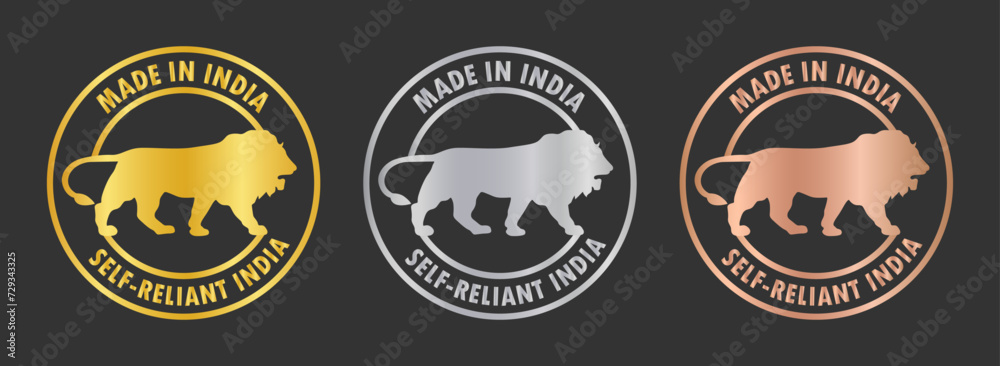 Fototapeta premium Made in India stamp icon set. Self-Reliant India in golden, silver and bronze color. Made in India symbol icon set for Indian products and industrial usage isolated on black background.