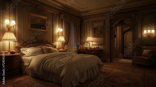 A spacious bedroom with a king-sized bed and soft lighting..