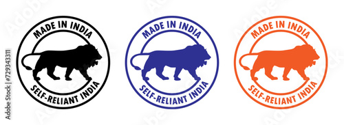 Made in India stamp icon set. Self-Reliant India in black, blue and orange color. Made in India symbol icon set for Indian products and industrial usage isolated on white background. photo