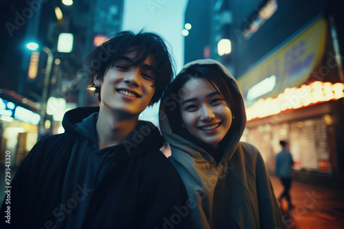  19-year-old Asian teenagers, a boy and a girl, wandering through a softly lit city street, enjoying each other's company