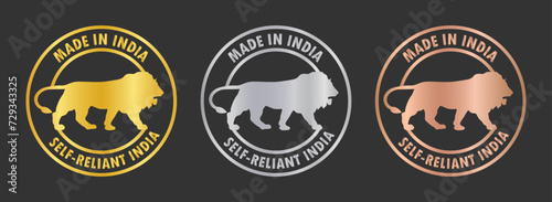 Made in India stamp icon set. Self-Reliant India in golden, silver and bronze color. Made in India symbol icon set for Indian products and industrial usage isolated on black background. photo