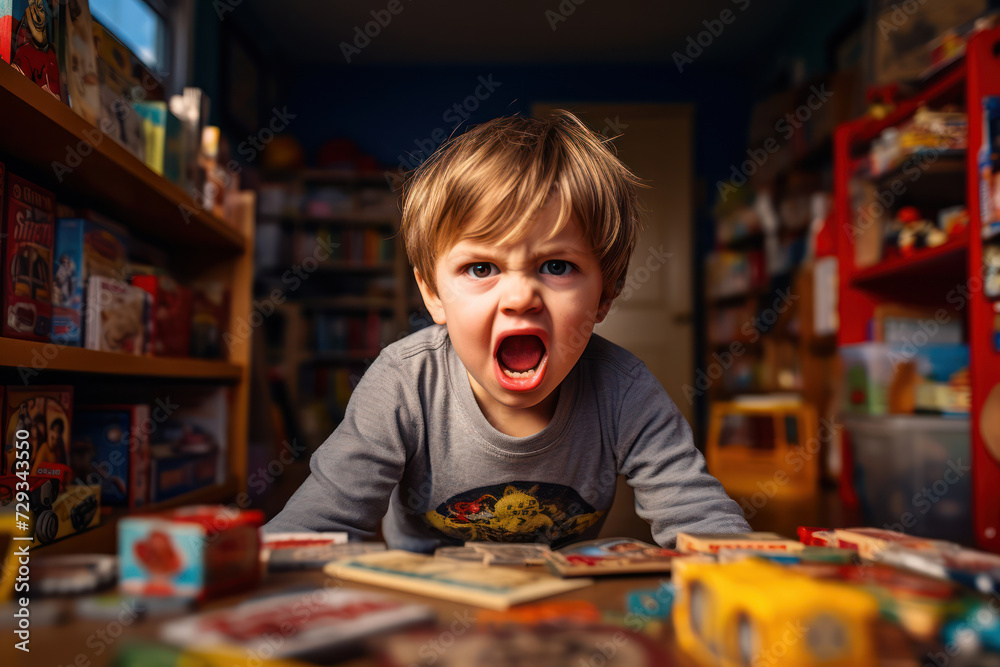 
Photo of a 3-year-old boy, American, in a playroom, angry because he lost a game