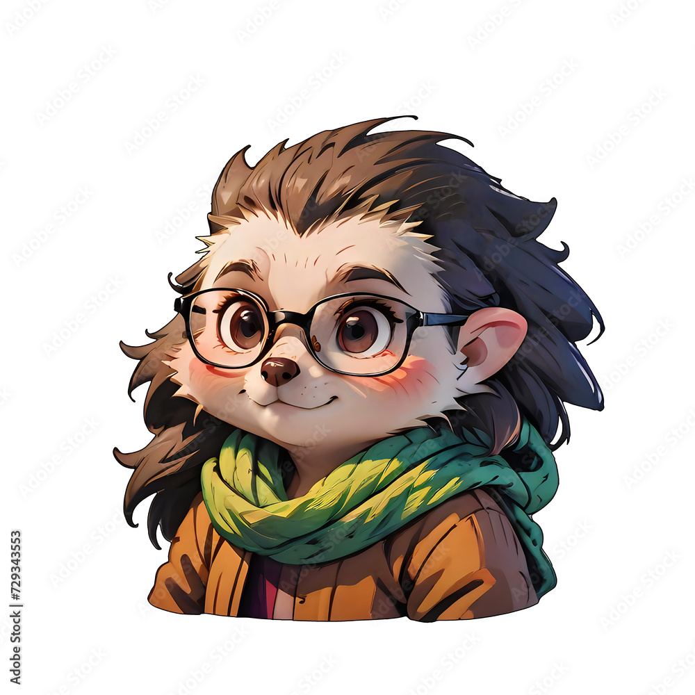 Adorable Hedgehog Character in Glasses.  This endearing hedgehog character donning glasses and a vibrant scarf is perfect for educational themes, children's content, and friendly mascot 