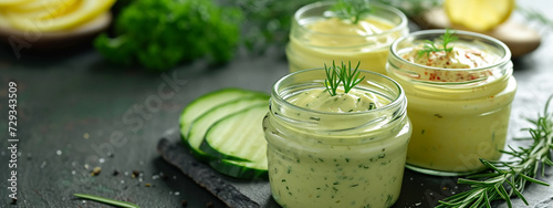 Avocado ranch dressing in small jar with salad leaves in a collander