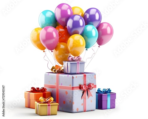 Birthday balloons with gift box on white background