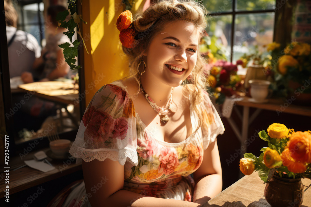 Plus-size, 26-year-old German bride in a bright, cheerful dress, in a sunny garden café