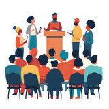 A town hall meeting with community members discussing local issues isolated on white background, flat design, png

