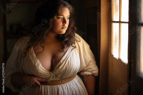 Photo of a plus-size, 28-year-old Mediterranean bride in a simple, beautiful dress, in a rustic barn with soft lighting