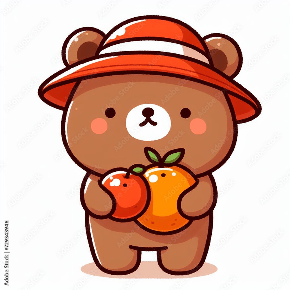Fototapeta premium Cute little bear holding an orange fruit