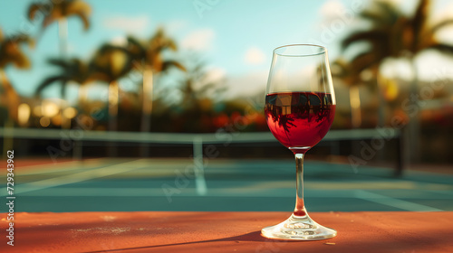 Cinematic wide angle photograph of red wine glasse at a tennis court. Product photography.