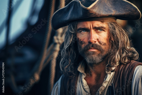 Male pirate, around 40 years old, with a weathered face, gazing into the distance on his ship, retro style